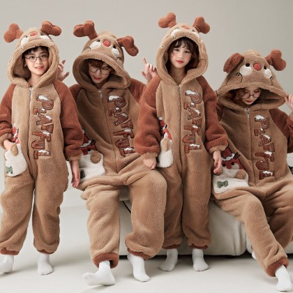 Christmas Deer Matching Family Pajamas Set Thick Coral Fleece Holiday Kigurumi
