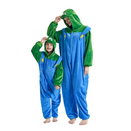 Mario Character Luigi Onesie Family Halloween Costume For Kids & Adults