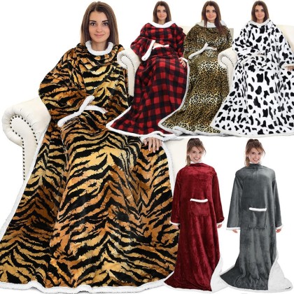 Tiger Stripe & Cow Plaid Super Warm Thick and Comfortable Double-Sleeved Lazy Blanket Sofa TV Blanket