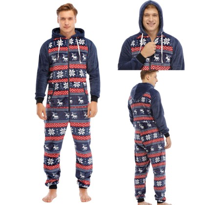 Christmas Deer Flannel Men's Onesie Pajamas With Hooded
