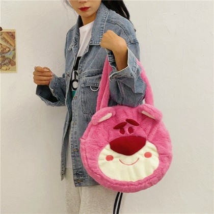 Cute Smiling Lotso Large Capacity Plush Soft Cartoon Round Shoulder Handbag