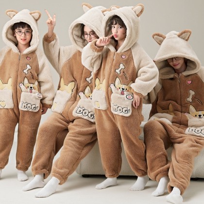  Cute Dog Matching Family  Pajamas Set Thick Coral Fleece Holiday Christmas Kigurumi