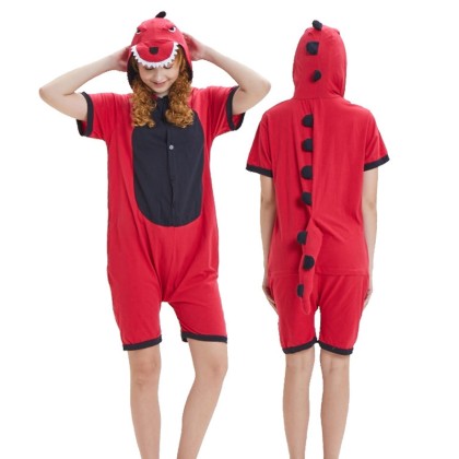 Red Black Dinosaur Cartoon Hoodie Kigurumi Summer Onesie Pajamas For Adult