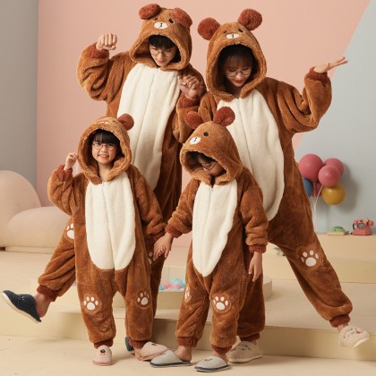 Matching Family Christmas Pajamas Set Brown Bear Coral Fleece Holiday Kigurumi Onesies