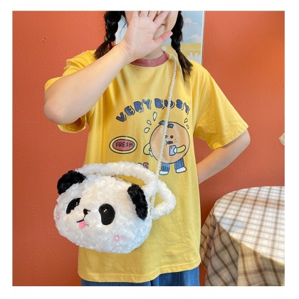 Cartoon Cute Pearl Chain Panda Sweet Animal Plush Handbag Cross-Body Bag
