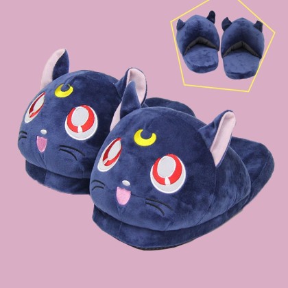 Navy Blue Luna Cat Plush Stuffed Warm Slippers  For Men & Women 