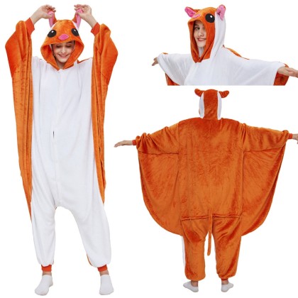 Flannel Orange Flying Squirrel Kigurumi Onesie Cartoon Animal Pajama Costume For Adult