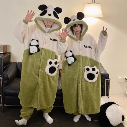 Lovely Panda Couple Robes Long Plush Hooded Loungewear Set For Hallowee Costumes