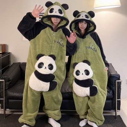 Cozy Panda Hooded Coral Fleece Onesie Pajama For Couples Matching Halloween Costumes