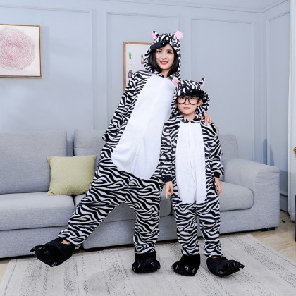 Animal Parent-Child Flannel Zebra Onesies Kigurumi Pajamas For Halloween 