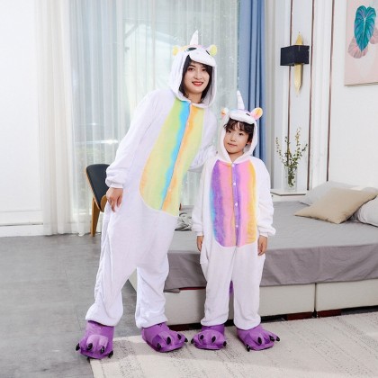 Parent-Child Flannel Rainbow Unicorn Onesies Kigurumi Pajamas For Halloween 