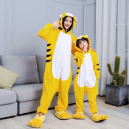  Parent-Child Flannel Yellow Tiger Onesies Kigurumi Pajamas For Halloween