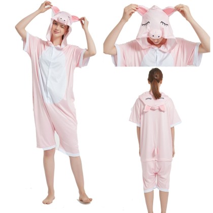 Sleeping Pink Pig Short Sleeve Hoodie Kigurumi Summer Onesie Pajamas