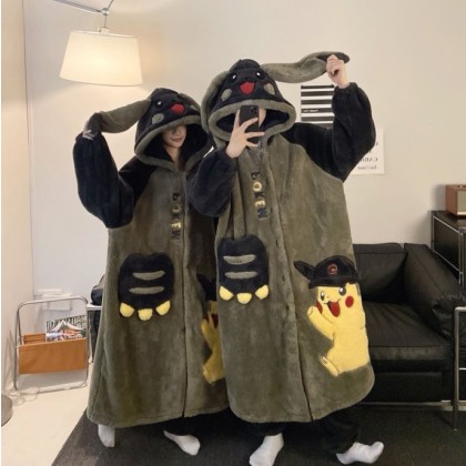 Pikachu Couple Robes Long Plush Hooded Loungewear Set For Halloween Costumes