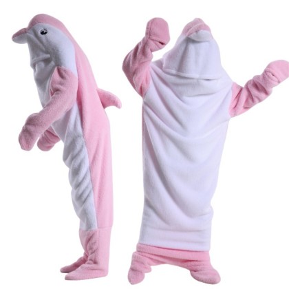 Pink Dolphin Wearable Hoodie Blanket For Adults & Kids  Soft Cozy Sleeping Bag