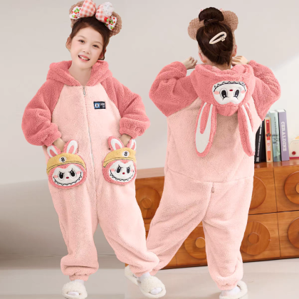 Pink Labubu Coral Fleece Onesie Pajamas Kigurumi For Kids Girls Halloween Costumes