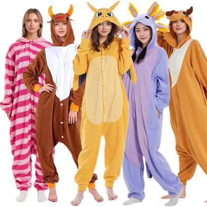 Purple Axolotl & Cheshire Cat & Christmas Reindeer & Charizard Onesie Adult Pajamas For Halloween Group Costumes
