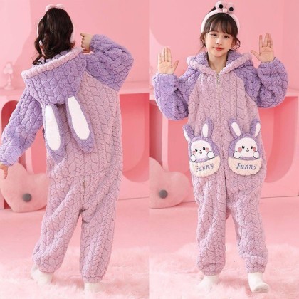 Purple Bunny Coral Fleece Onesie Pajamas For Halloween Kids Costumes