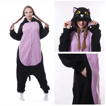 Adult Purple Midnight Cat Kigurumi Onesie Pajama Animal Costumes