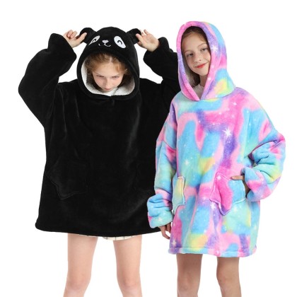 Black Panda & Pink Blue Hoodie Wearable Sherpa TV Blanket Sweatshirt For Kids