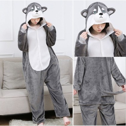 Grey Shiba Inu Kigurumi Onesie Pajama Cartoon Unisex Animal Costume 