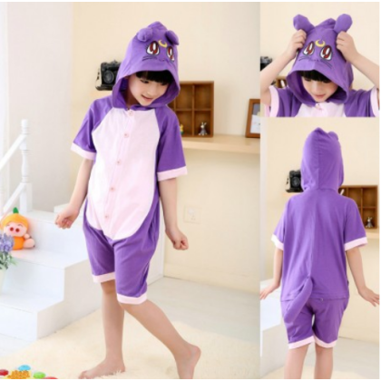 Kids Purple Cat Cute Cartoon Hoodie Summer Onesie Pajamas Kigurumi
