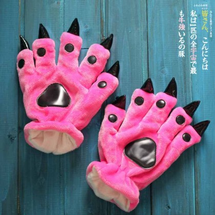 Rose-Red Kigurumi Unisex Onesies Animal Paw Flannel Gloves