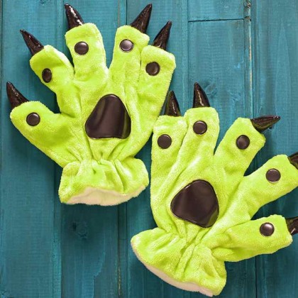 Fluorescent Green Animal Paw Flannel Gloves for Kigurumi