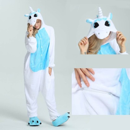 Kigurumi Unisex Blue Unicorn Onesies Animal Pajamas For Adults