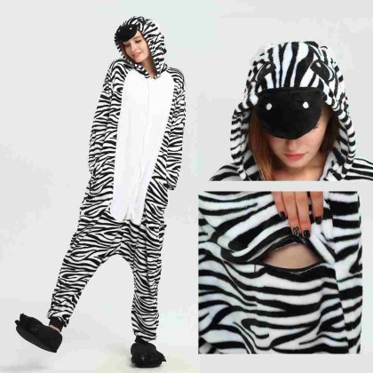 Unisex Kigurumi Black White Zebra Onesies Animal Pajamas For Adults