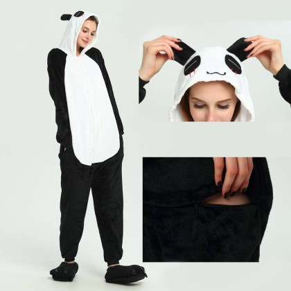 Unisex Kigurumi Black White Panda Onesies Animal Pajamas For Adults