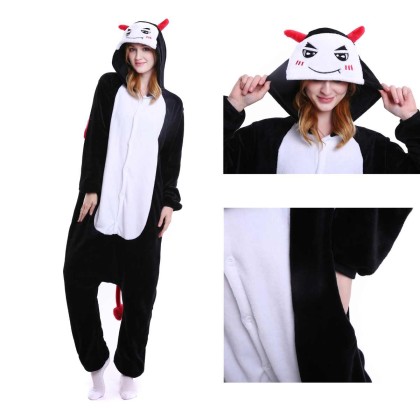 Unisex Kigurumi Black White Demon Onesies Animal Pajamas For Adults