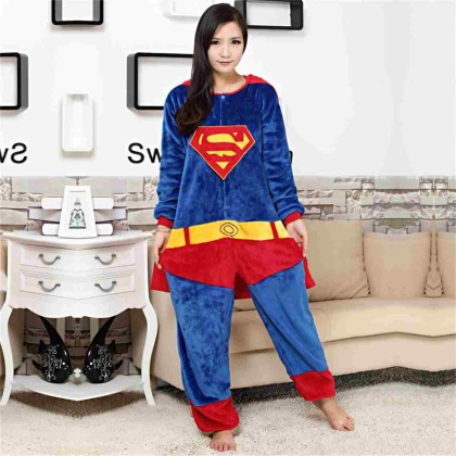 Kigurumi Blue-Red Superman Onesies Flannel Pajamas For Adults