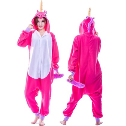 Rose-red Pegasus With Purple Tail Onesie Pajamas Kigurumi For Halloween Adults Costumes