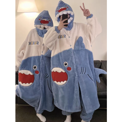 Cartoon Shark Hooded Long Couples Robe Loungewear Set For Hallowee Costumes