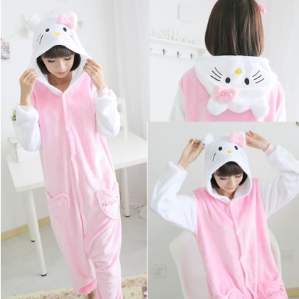 Pink White Hello KT Kigurumi Onesie Cartoon Animal Pajama Costume For Adult