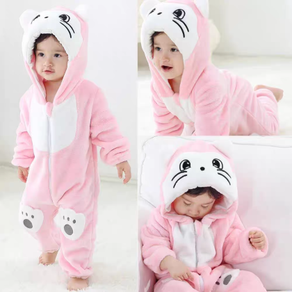 Cute Pink Cat Baby Rompers Flannel Kigurumi Newborn Costume Animal Onesies