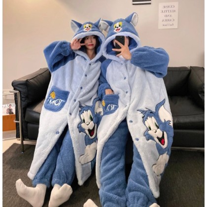Tom Cat Robes Long Thickened Hooded Sleepwear Set For Halloween Couple Costumes