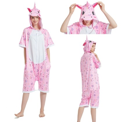 Pink Star Unicorn Short Sleeve Hoodie Kigurumi Summer Onesie Pajamas