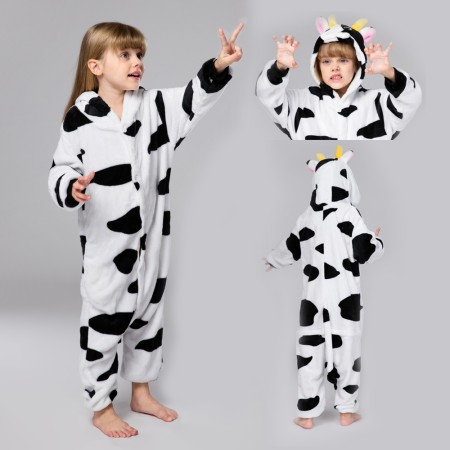 Animal Kigurumi Black White Milk Cow Onesie Pajamas For Kids