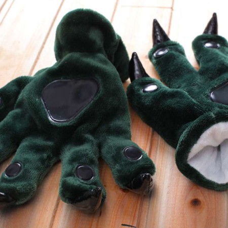 Dark-Green Kigurumi Unisex Onesies Animal Paw Flannel Gloves